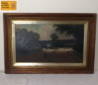 A 19th century gilt framed oil on board, figure on a lane, signed. 80x54cm.