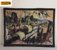 Barry De More (1948-2023), oil on card laid on cardboard, expressionist urban landscape, Elland