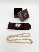 A vintage Penhaligon's 800 silver egg box with gilt interior together with an antique pearl necklace