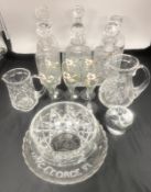 A mixed collection to include a Val Saint Lambert cut crystal decanter and five others, a