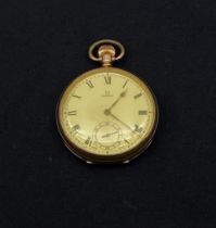 An early 20th century gold plated Omega pocket watch with Swiss movement and 15 jewels. Dia.5cm