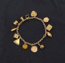 A vintage hallmarked 9ct gold charm bracelet with thirteen charms on a snail link chain. Weight:17.