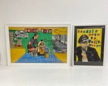 Two mixed media Pop Art style paintings titled 'Surrealism' and 'Frankie Goes to Hollywood' in the