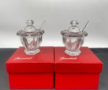 A pair of vintage Baccarat 'Harcourt Missouri' crystal jam or mustard jars with serving spoons and
