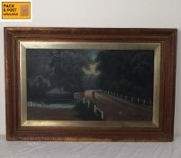 A 19th century gilt framed oil on board, figure on a lane, signed. 81x54cm.