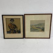 An early 20th century watercolour landscape together with a mid-century woodcut portrait Wiliam