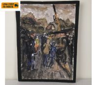 Barry De More (1948-2023), oil on card laid on cardboard, expressionist figures in an urban