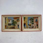 A pair of mid to late 20th century framed oil studies on board, figures in village settings, gallery