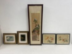 A mixed lot of five framed Oriental paintings and prints. All framed and glazed. 89x29cm. (Largest)