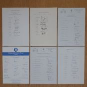 Six autographed cricket test match team sheets for England v. Australia 1985 and England v. West
