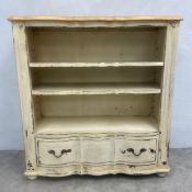 A contemporary French Provincial style open bookcase in a distressed painted finish. H.115 W.111 D.