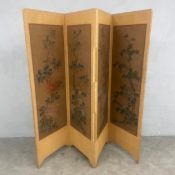 A 20th century Oriental hand painted floral four-panel folding screen. H.168 W.204 D.51cm.