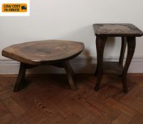 An occasional table with a tree trunk section top and a similar carved oak example. H.31 W.60cm. (