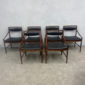 A set of six mid-century Santos rosewood 'Peebles' dining chairs with black leather upholstered back