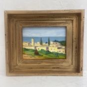 A small mid 20th century oil on board, Impressionist style Continental village, monogramed bottom