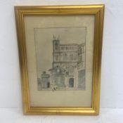 A mid century architectural ink and wash study on paper, signed and dated '74 in a glazed gilt