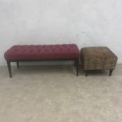 A contemporary bench or deep-buttoned window seat together with a leopard print upholstered