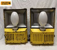 A pair of vintage metal cased industrial wall fitting lamps. 50x35cm.
