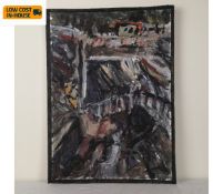 Barry De More (1948-2023), oil on card laid on cardboard, expressionist figures in an urban