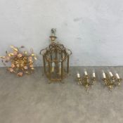 A mixed lot to include a Florentine gilded metal flush mount ceiling or wall light with pink