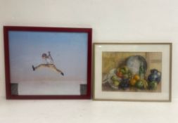 A contemporary print titled 'Leaping Man' by artist David Venezia together with a modern pastel