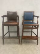 A mid 20th century blue leather upholstered mahogany shoe shine armchair together with a similar