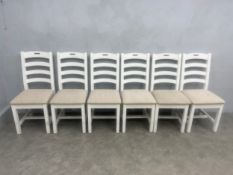 A set of six contemporary white painted ladderback dining chairs with new Green World tag