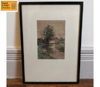 A C.1900 framed and glazed watercolour, mill by a stream, monogrammed. 37x27cm.