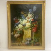A large contemporary style oleograph on canvas, Dutch School still life vase and flowers in a gilt