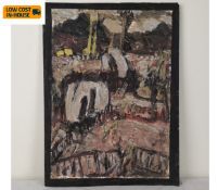 Barry De More (1948-2023), oil on card laid on cardboard, expressionist figures in an urban