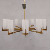 A mid-century Italian style electric sunburst chandelier with ten straight brass branches