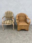 A French walnut fauteuil armchair with carved, painted and distressed back and arms over the striped