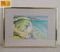 Tom Giles, watercolour, cliffs with sailing boat in the distance, signed and dated, framed and