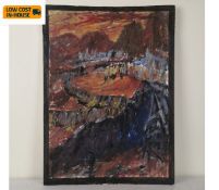 Barry De More (1948-2023), oil on card laid on cardboard, expressionist figures in an urban