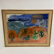 A large contemporary watercolour, abstract landscape with cacti. Framed and glazed. 120x96cm.