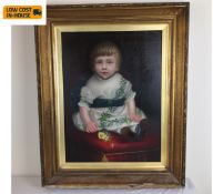 A 19th century oil on canvas, portrait of a child seated on a stool, gilt framed. 82x66cm.