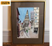 A framed and glazed watercolour, naive school Continental street scene, signed and dated. 49x38cm.