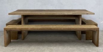 A large vintage weathered teak table and bench set of simple square form. H.76 W.220 D.80cm