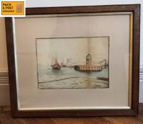 A 19th century watercolour depicting Douglas Harbour and the old red pier, Isle of Man. Framed and