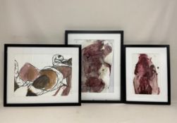 A set of three contemporary abstract figural oil wash paintings on paper. All indistinctly signed,