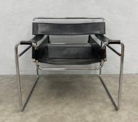 A mid-century black leather and bent chrome Wassily B3 chair after the original design by Marcel