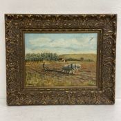 An English School oil on canvas depicting a farmer and horses ploughing a field. Signed M. Fager