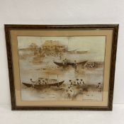 Paco Gorospe (1939-2002), a mid-century oil on canvas depicting fishermen and boats in a