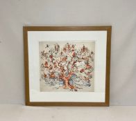 A contemporary children's illustration etching with colours depicting a fantastical tree of life.