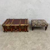 An early 20th century travel trunk together with a contemporary velour upholstered foot stool. H.
