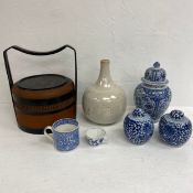 A mixed lot to include a Delft blue and white lidded urn vase together with a Chinese style white