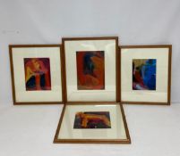 Four contemporary abstract figurative oil paintings titled 'Sitting Figure', 'Red Rhythm', 'Still