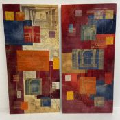 A pair of printed and stretched silk wall hangings with allover abstract architectural polychrome