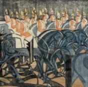 William Edward Greengrass (1892-1970), a 1930s Art Deco linocut titled 'The King's Horses' 1931,