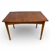 A vintage teak extending dining table fitted with integrated bi-fold leaf. H.72 W.114 D.84 (Extended